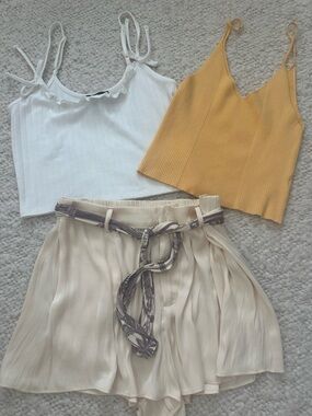 Forever 21 White Ruffle Tie-Strap Crop Top & Mustard Ribbed V-Neck Tank + shorts